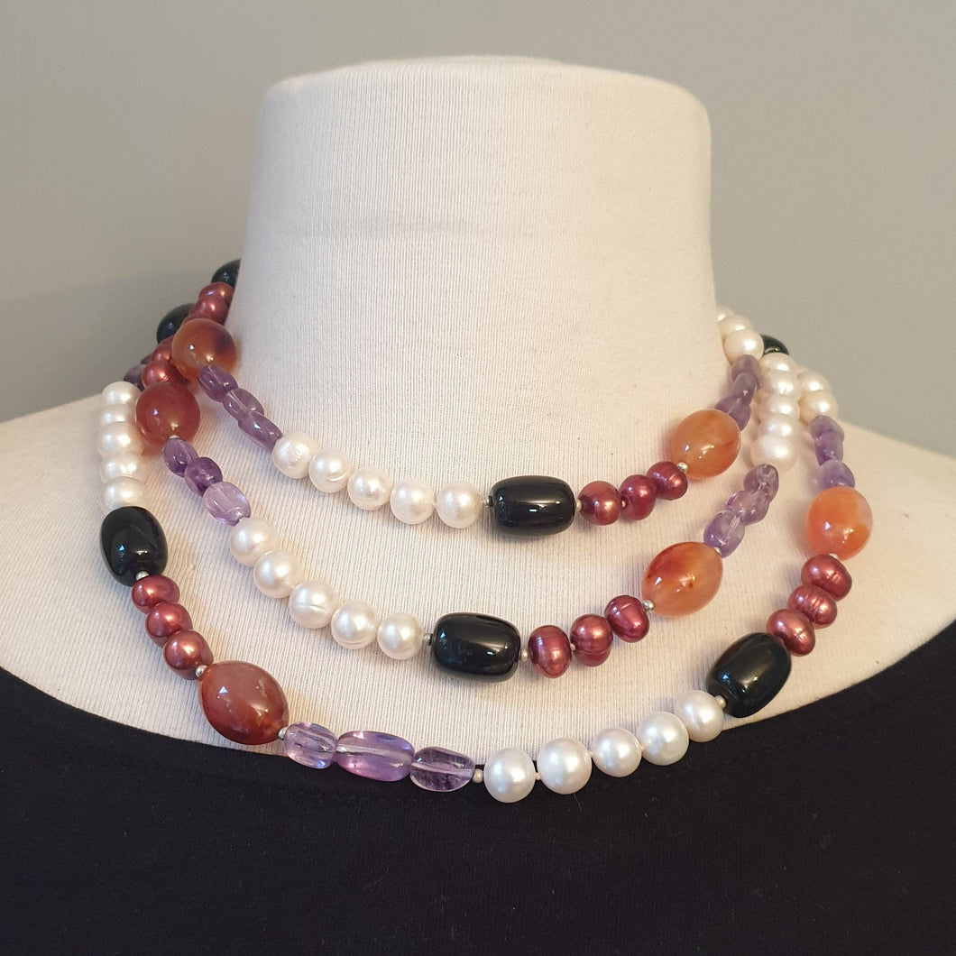 Amethyst, Carnelian, Onyx, Silver, White and Bronze Pearl Necklace